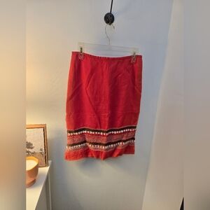 French Connection Red Skirt With Embroidered & Button Detail Size 4 100% Cotton